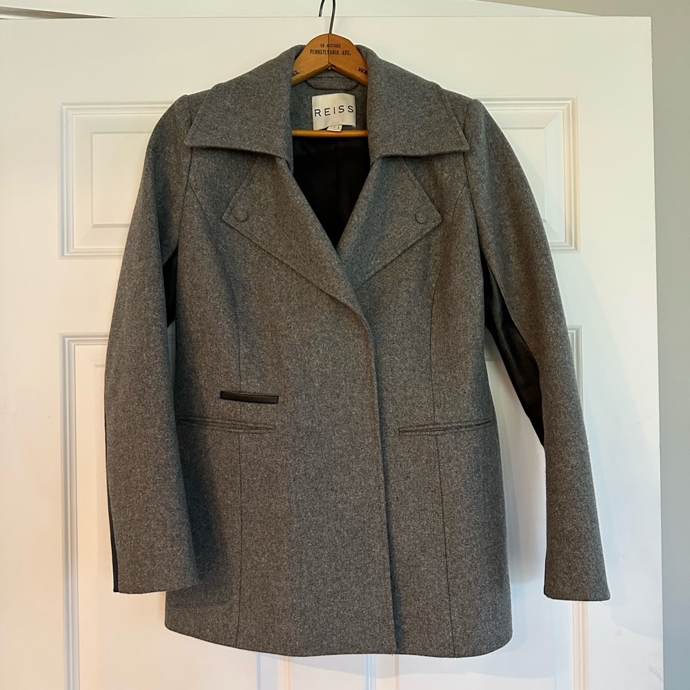 Reiss Women’s size small grey wool coat with black leather accents EUC